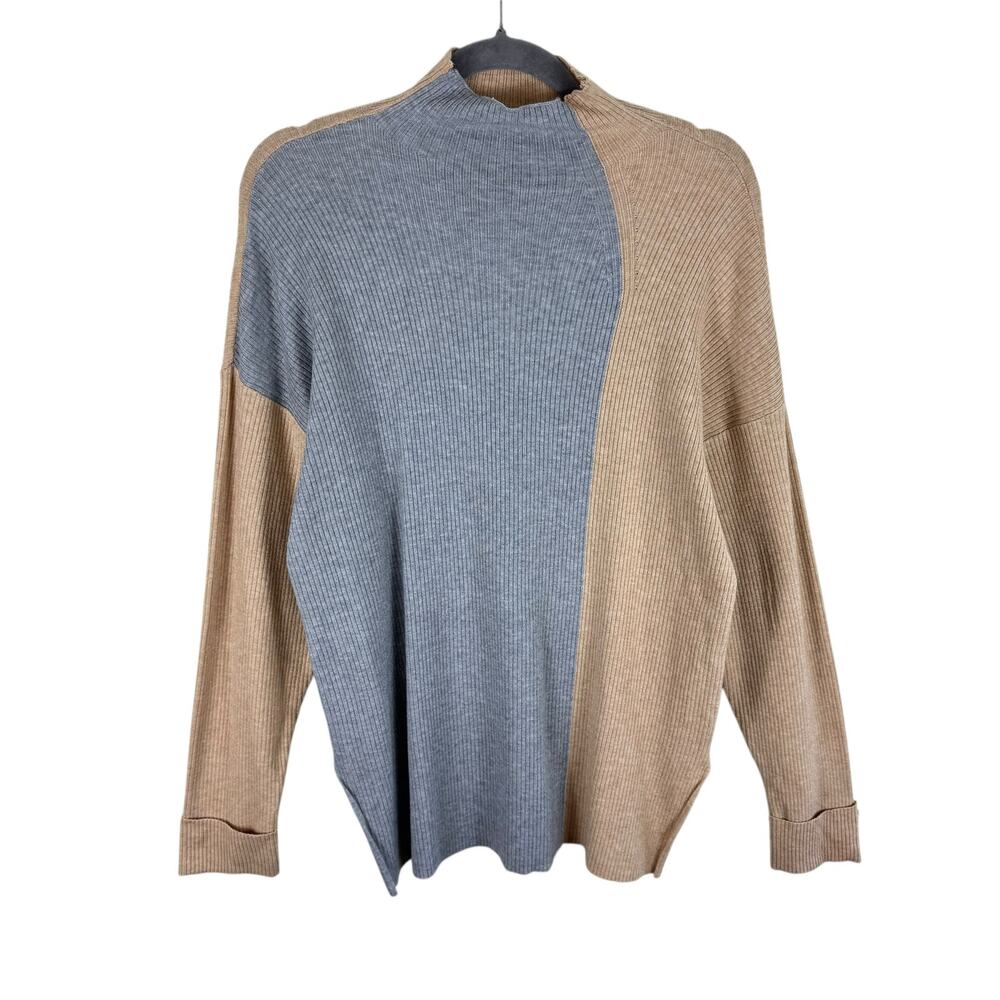 Cara Santana x Nine West Tan Gray Colorblock Lightweight Ribbed Sweater Medium